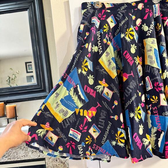 MODCLOTH Line Just This Sway Blue Vacation Travel Postcard Print Flare Skirt XL - Picture 4 of 8